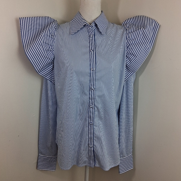 Neubyrne Women's Puff Sleeve Stripped Blue Blouse Size Large NWT - Picture 8 of 9
